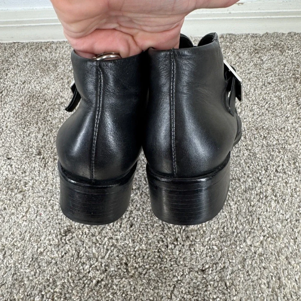Etienne Aigner Leather Monk Strap Ankle Boots Vintage 8W Block Heel Preppy Black
